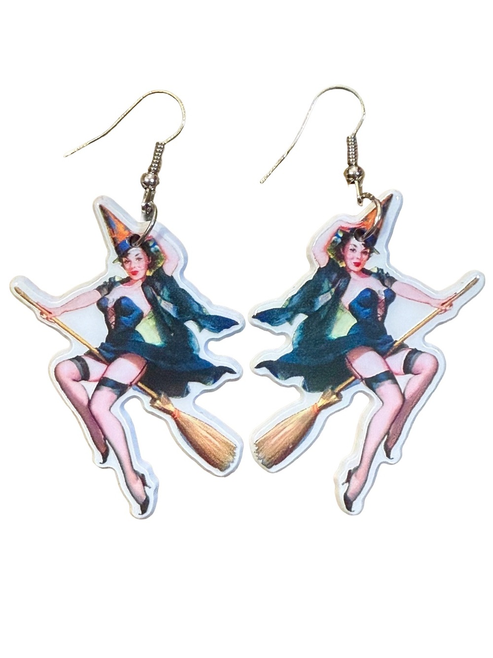 Pin-Up Witch Acrylic Statement Earrings Halloween Retro Novelty Spooky Season